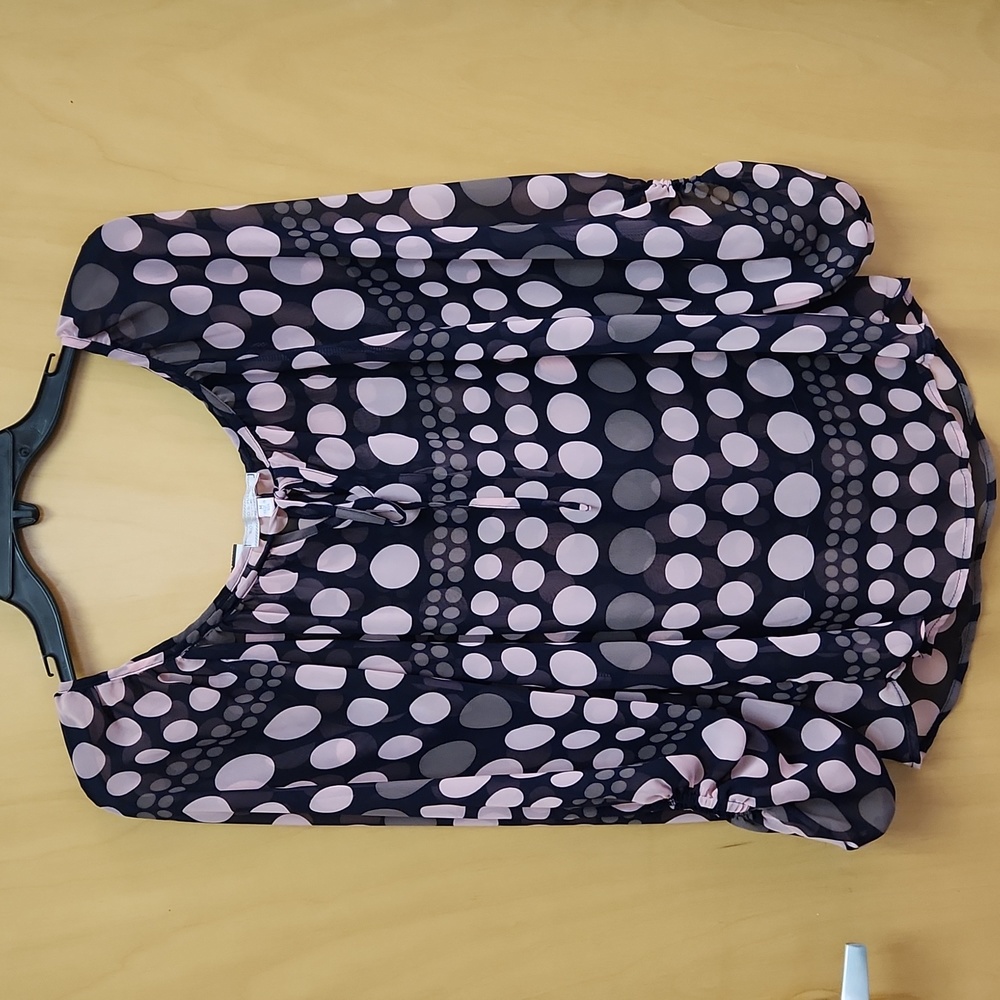 ROMEO AND JULIET COUTURE Polka Dot, Sheer, scoop neck with tie blouse.